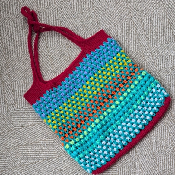 Hand Crafted Handbags - Handmade Rainbow Stripe Multicolor Crochet Tote Market Beach Bag